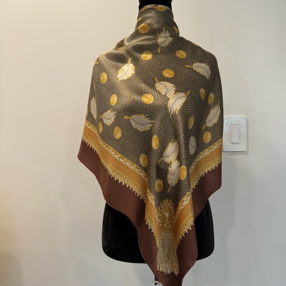 Authentic Christian Dior Brown and Gold Feather Accent Scarf